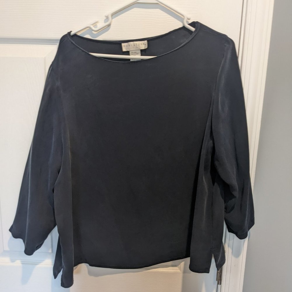 Vintage Doncaster Navy Silk 3/4 sleeve  boatneck blouse